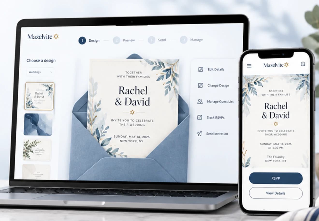 Mazelvite digital invitation shown on a laptop and phone with an animated-envelope style preview.